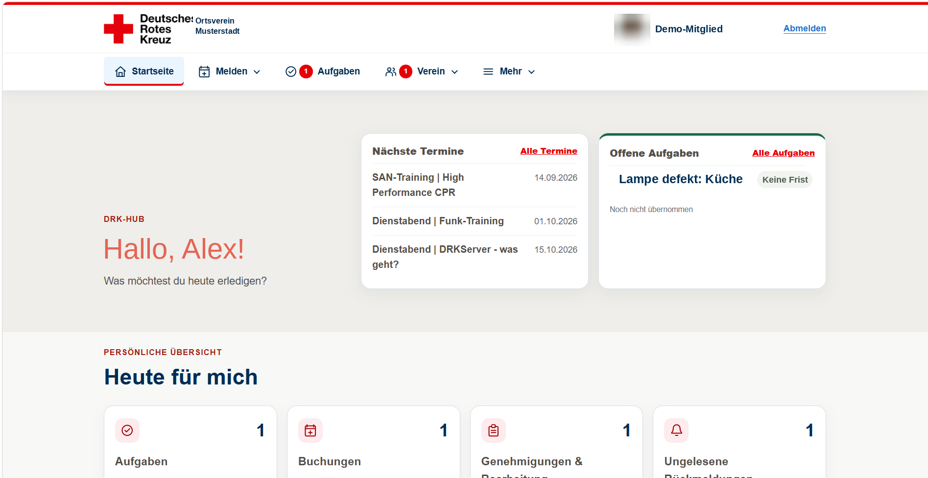 Anonymisierte DRK-Hub Startseite mit Terminen, Aufgaben, Buchungen und Genehmigungen